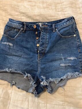 We The Free Raw Hem High-Rise Distressed Denim Shorts - Blue
